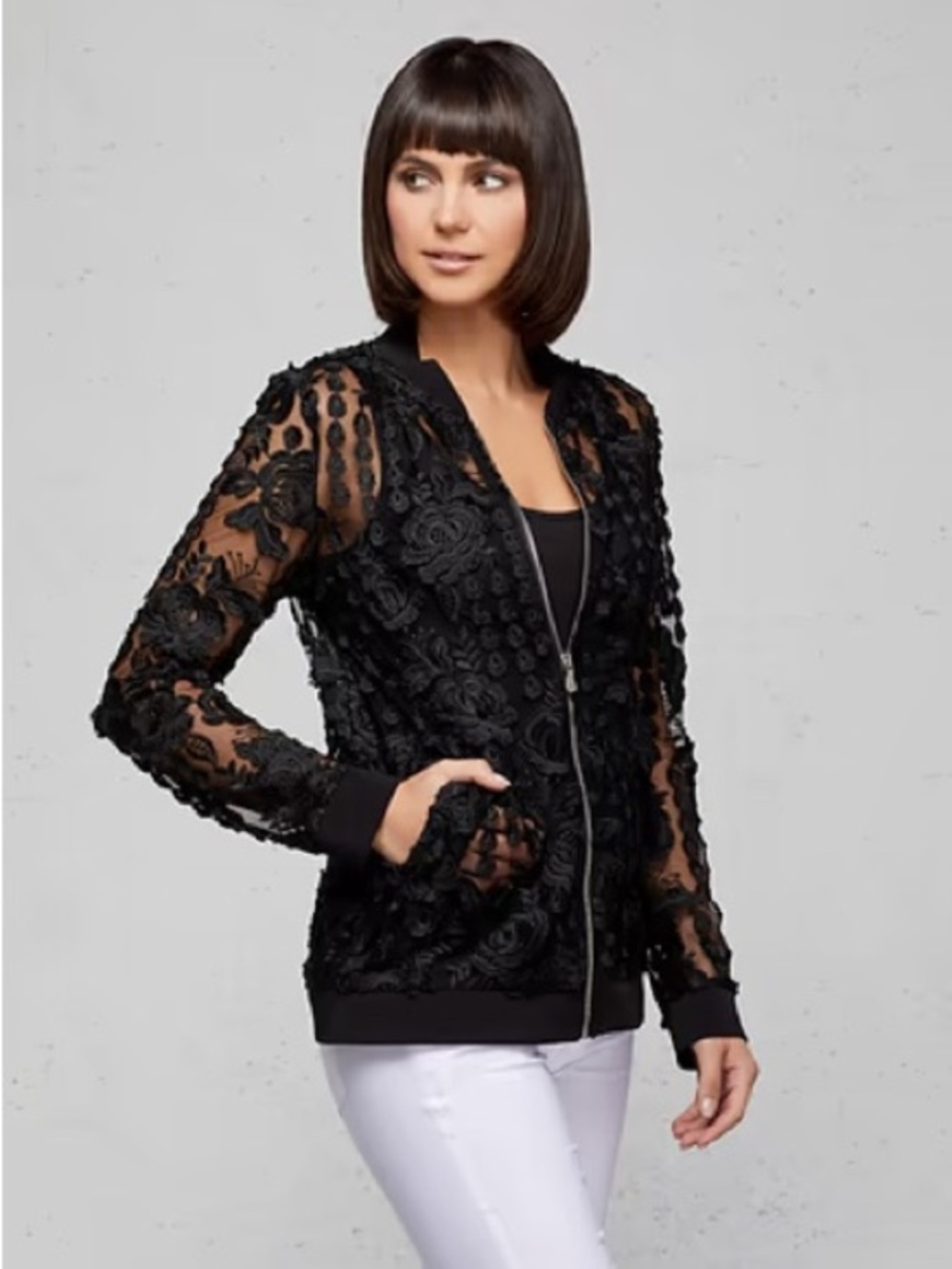 Anatomie Ariele Lace Bomber Jacket Black Floral Size Medium